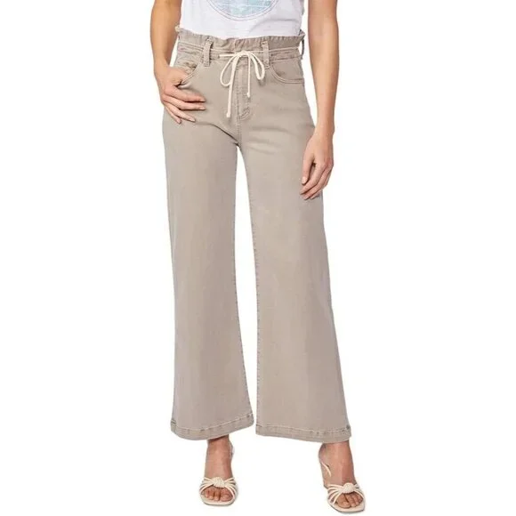 Paige Women 34 Carly Wide Leg Pant Khaki Ankle Moss Taupe Tie Waist High Waist - Picture 1 of 12